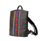 Lanita Leather Backpack in charcoal gray, angled side view with woven panel and shoulder strap