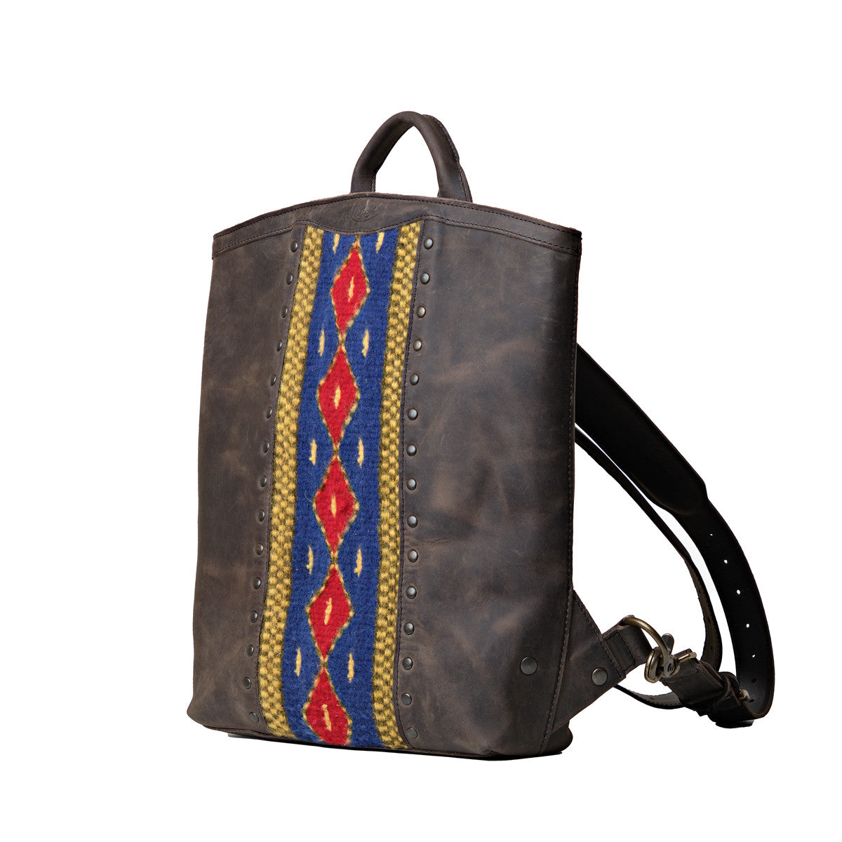 Lanita Leather Backpack in charcoal gray, angled side view with woven panel and shoulder strap