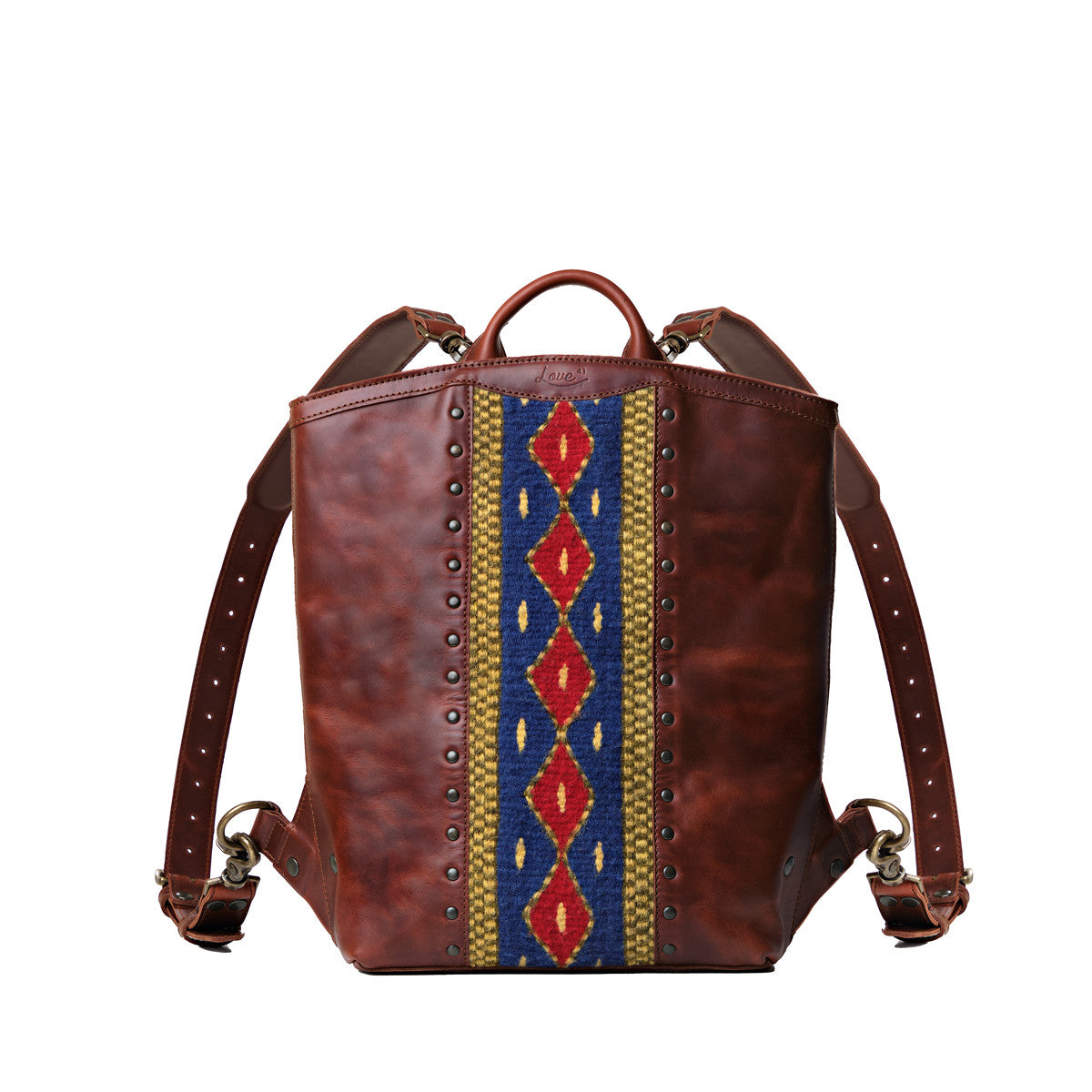 Lanita Leather Backpack in Chestnut, front view with blue and red woven panel, studs and top handle