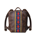 Lanita Leather Backpack in Dark Coffee Brown, front view with blue and red woven panel, studs and top handle