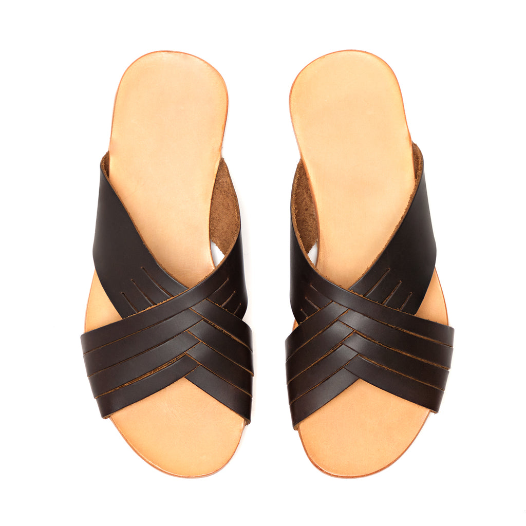 Martha Sandals in Dark Coffee Brown, top-down view of pair side by side showing footbeds and woven straps
