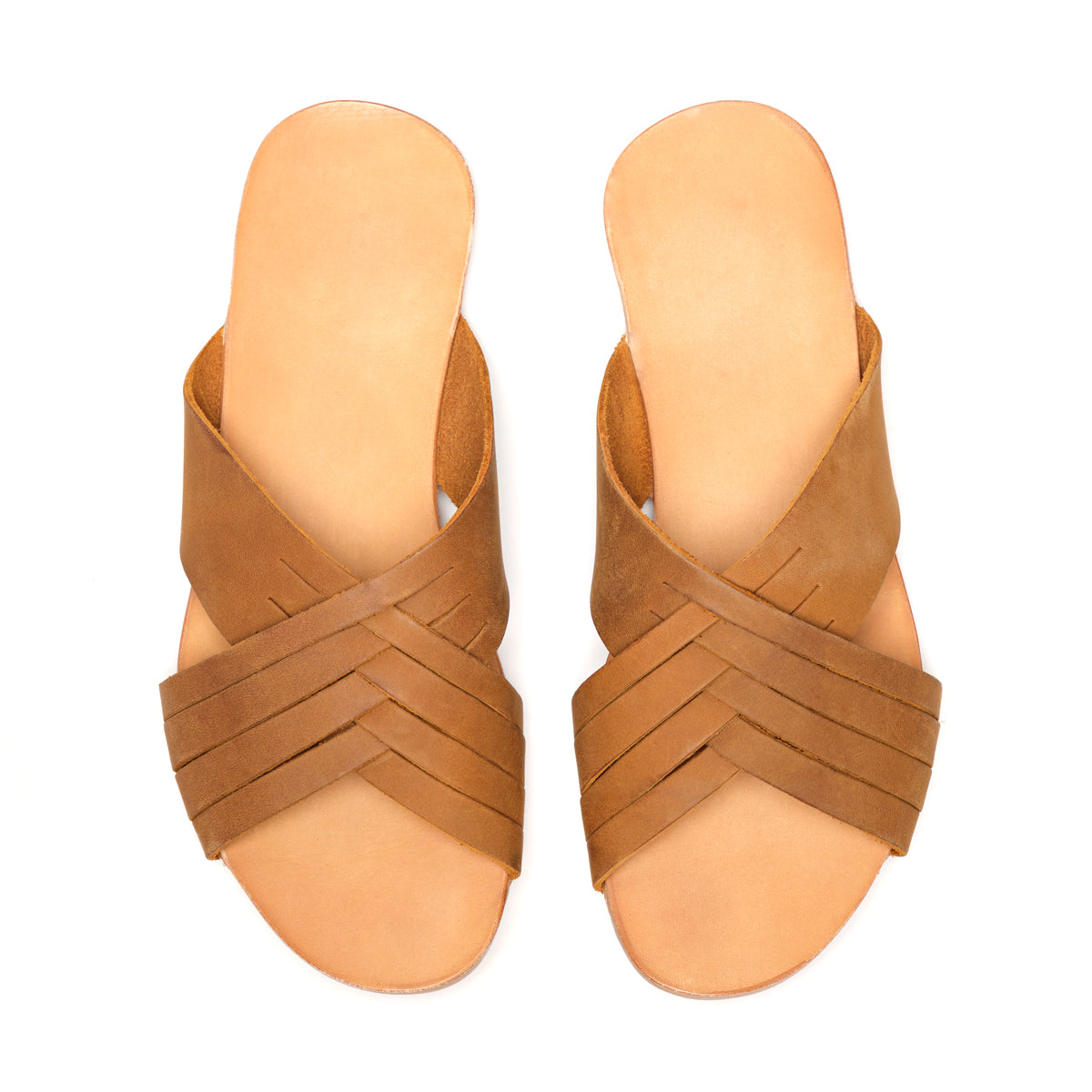 Martha Sandals in Tobacco, top-down view of pair side by side showing footbeds and woven straps