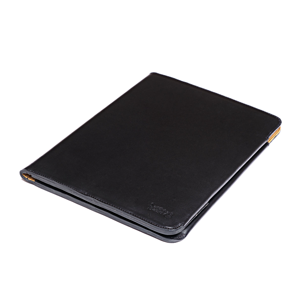 C.S. Lewis Medium Portfolio in Raven Black, closed angled view with debossed logo
