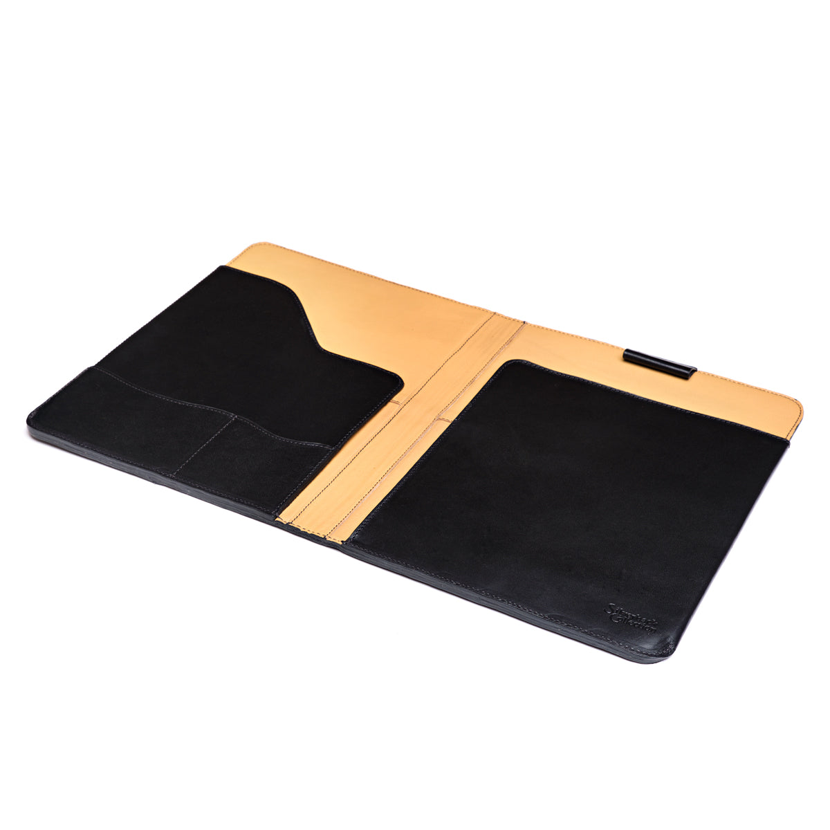C.S. Lewis Medium Portfolio in Raven Black, open flat showing the tan lining, inner pockets and pen loop