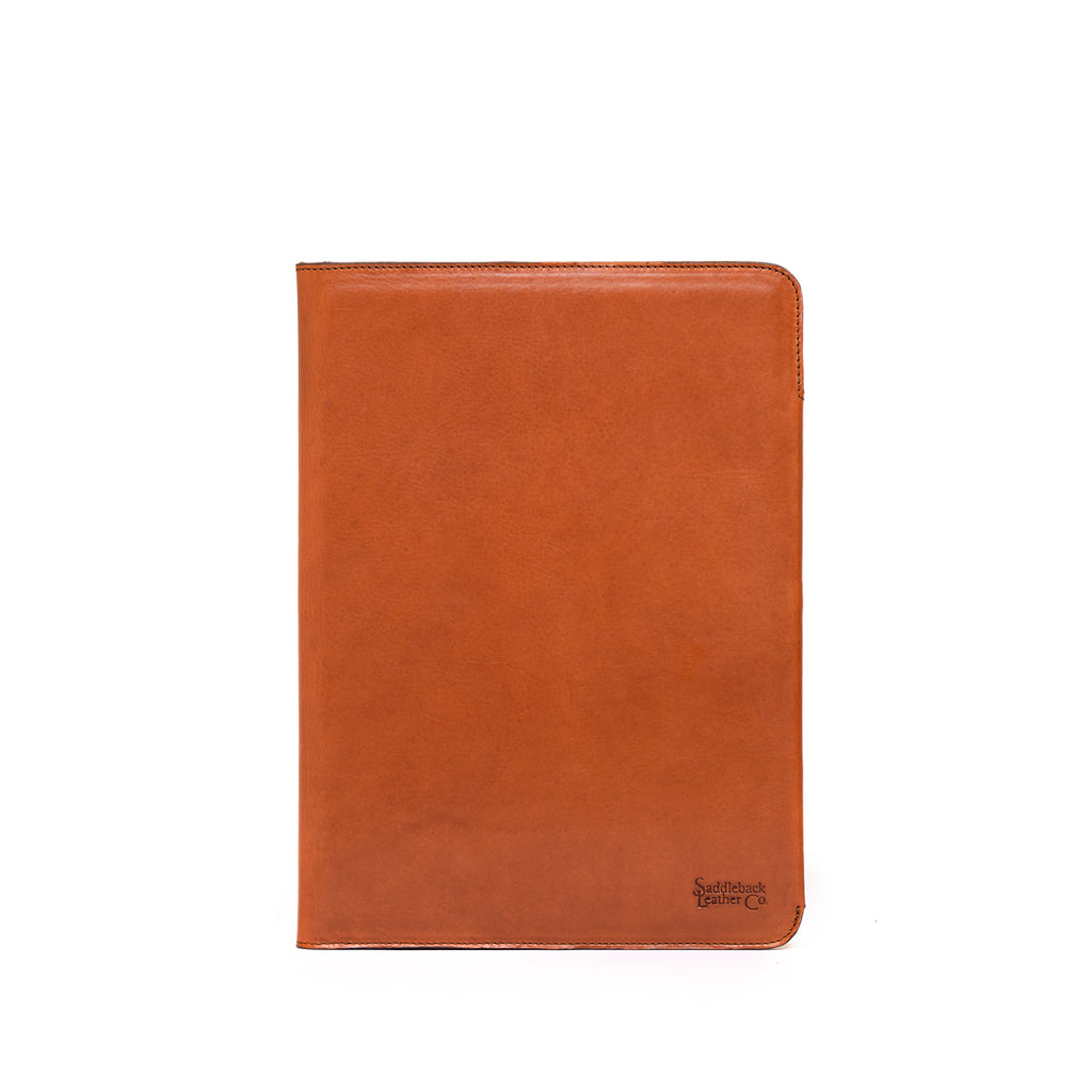 C.S. Lewis Medium Portfolio in English Tan, closed front view with debossed logo