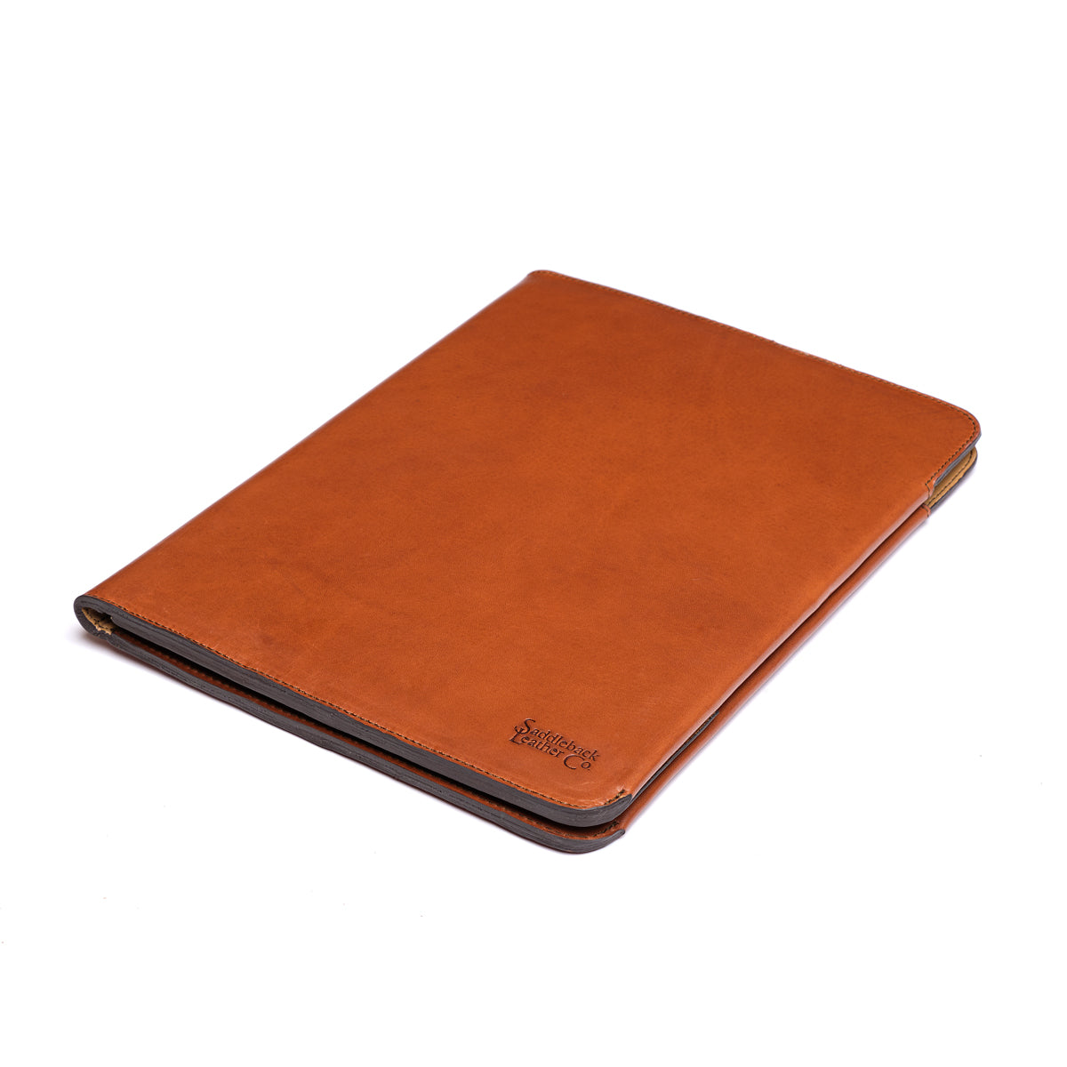 C.S. Lewis Medium Portfolio in English Tan, closed angled view with debossed logo