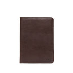 New Design Medium Portfolio in Dark Coffee Brown, closed front view with stitched edges and debossed logo