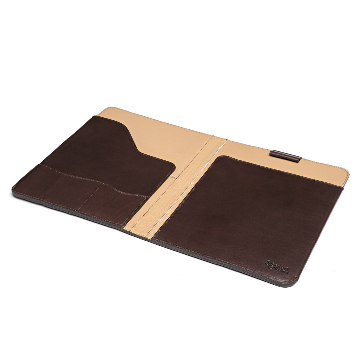 New Design Medium Portfolio in Dark Coffee Brown, open flat at an angle showing interior pockets and card slots