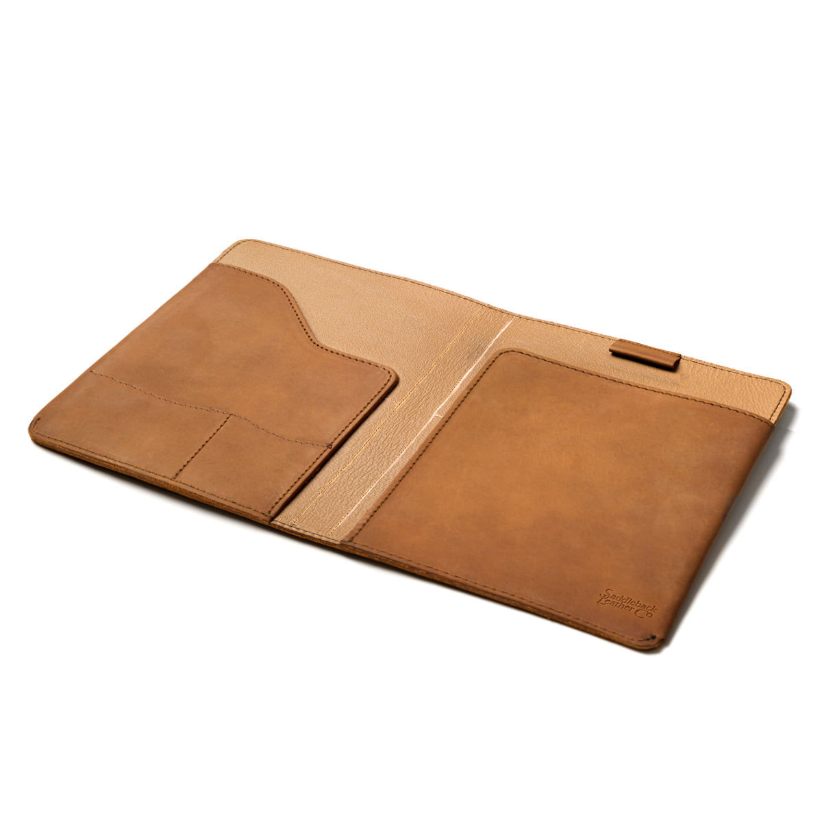 New Design Medium Portfolio in Tobacco, open flat at an angle showing interior pockets and card slots