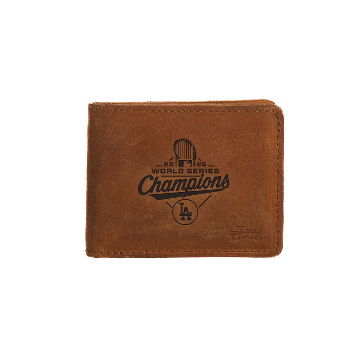 Leather Bifold Wallet - Los Angeles Dodgers World Series Champions in Tobacco, engraved trophy and champions logo