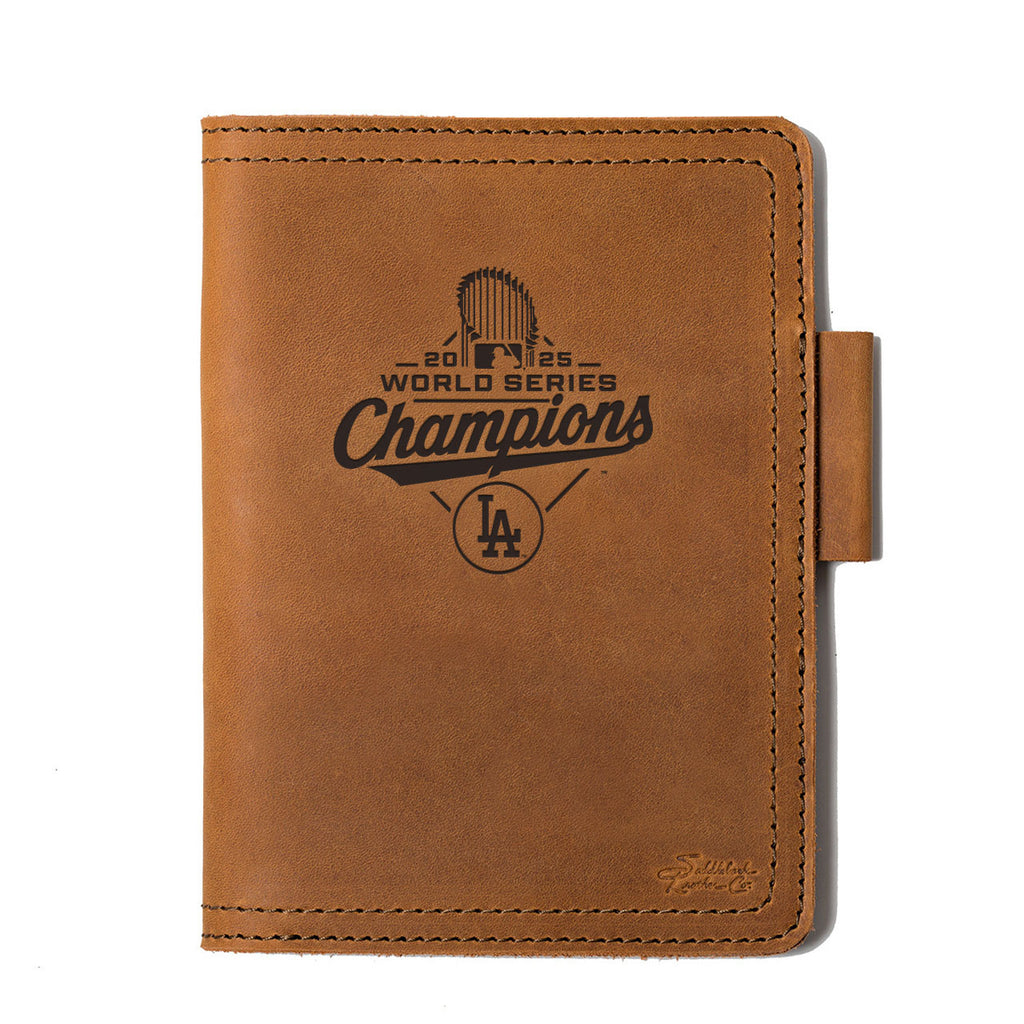Leather Journal Cover - Los Angeles Dodgers World Series Champions in Tobacco, closed front engraved with champions logo