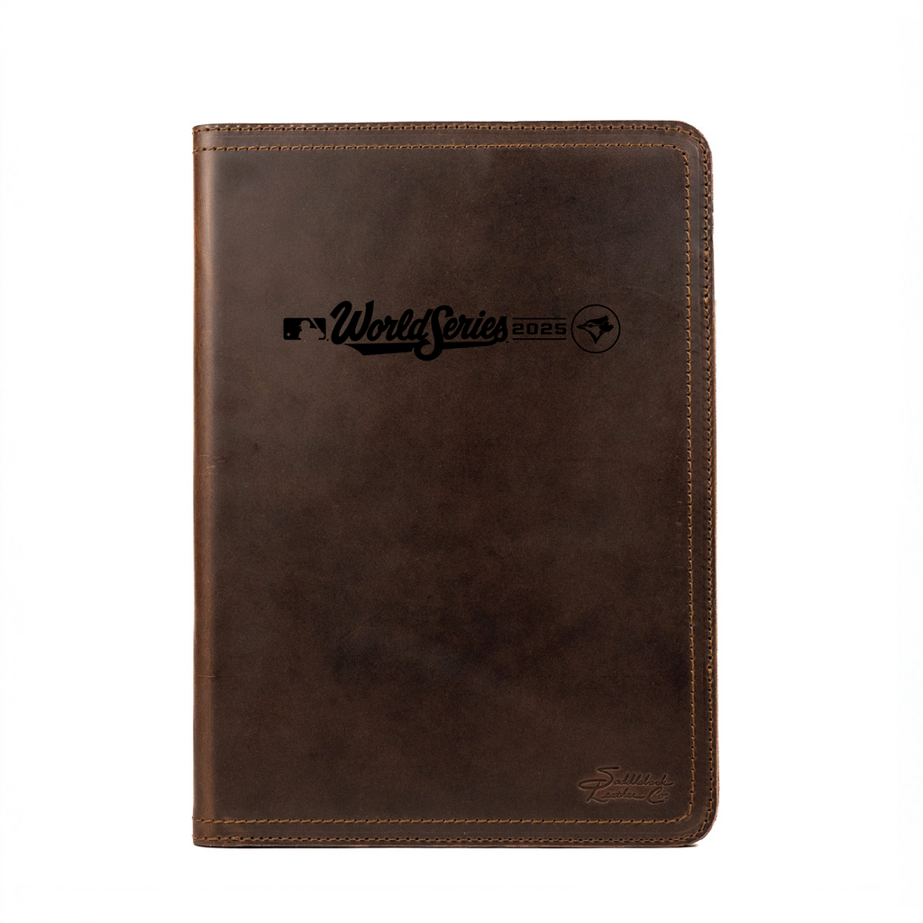 Leather Portfolio - Toronto Blue Jays World Series in Dark Coffee Brown, closed front printed with World Series 2025 logo