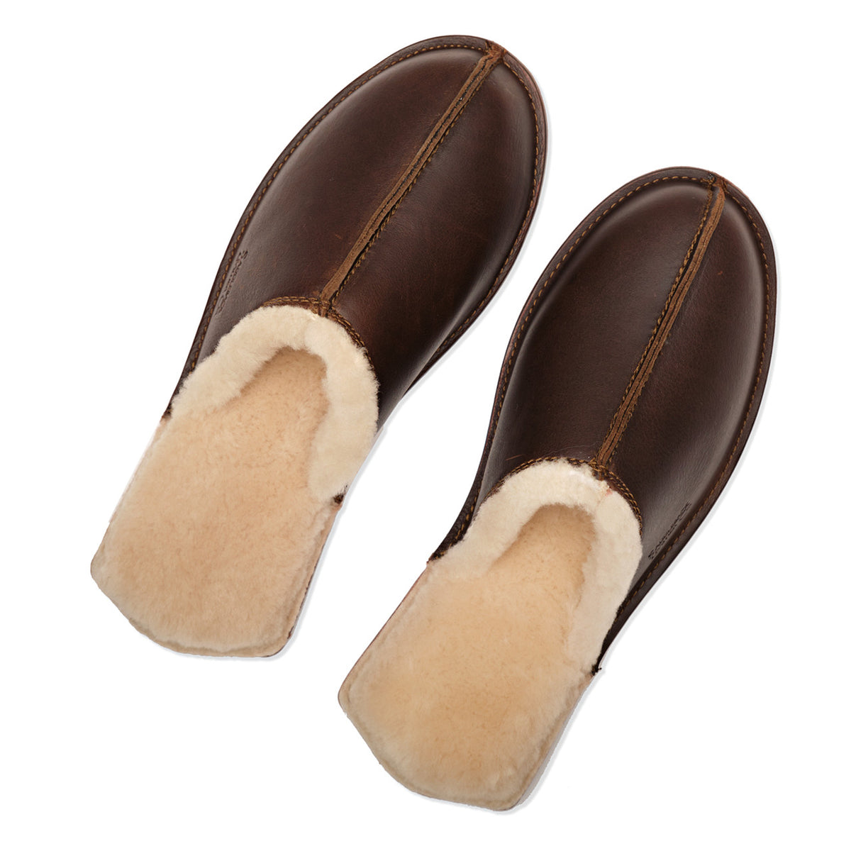 Pair of Men's Sheepskin Slippers in Dark Coffee Brown, top view