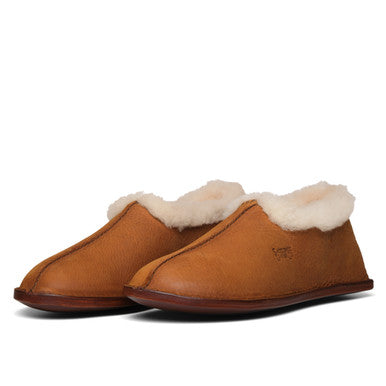 Pair of Sheepskin Moccasins in Tobacco with fleece collars, side view
