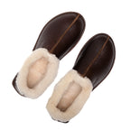 Pair of Sheepskin Moccasins in Dark Coffee Brown, top view showing the fleece lining