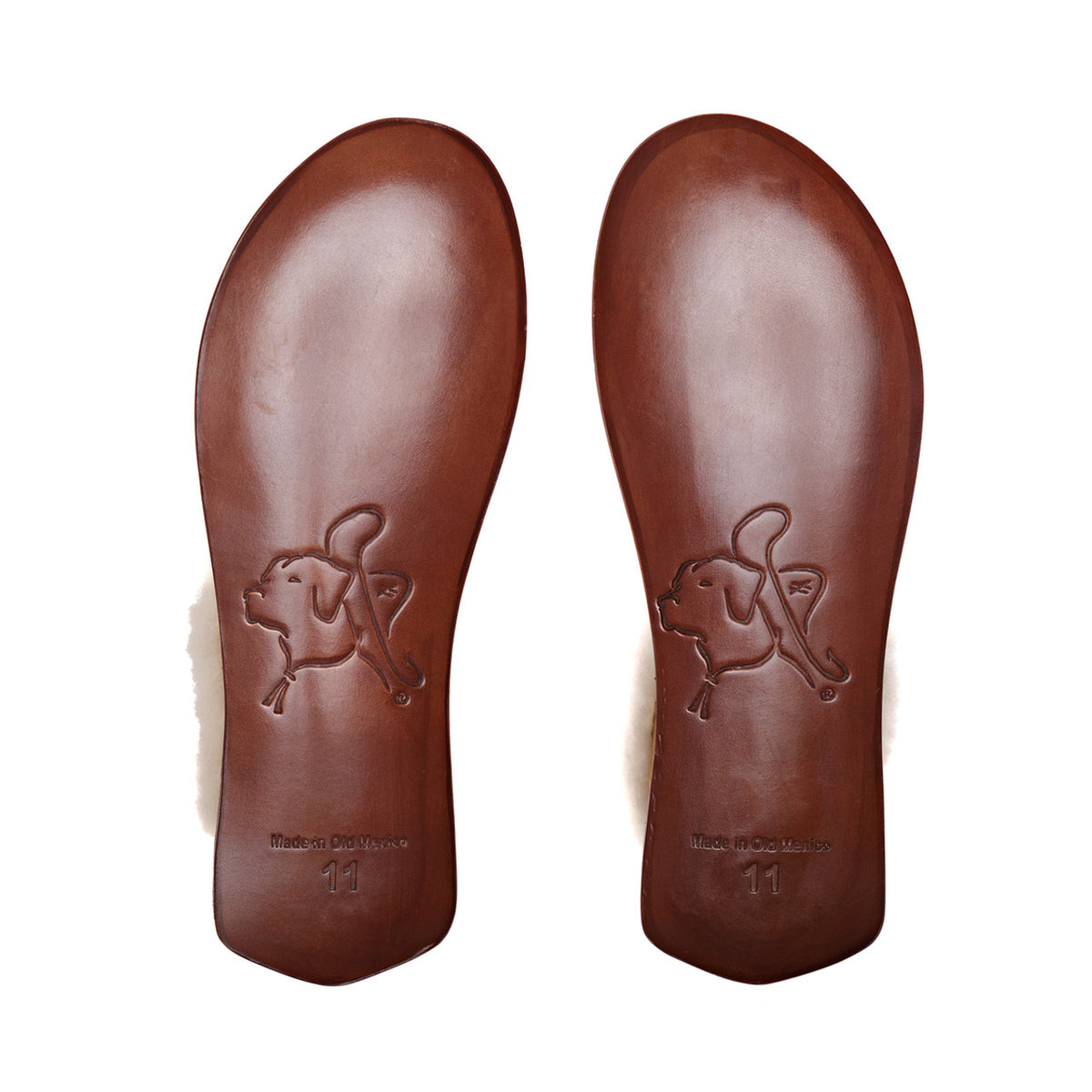 Sheepskin Moccasins, bottom view of the stamped leather soles