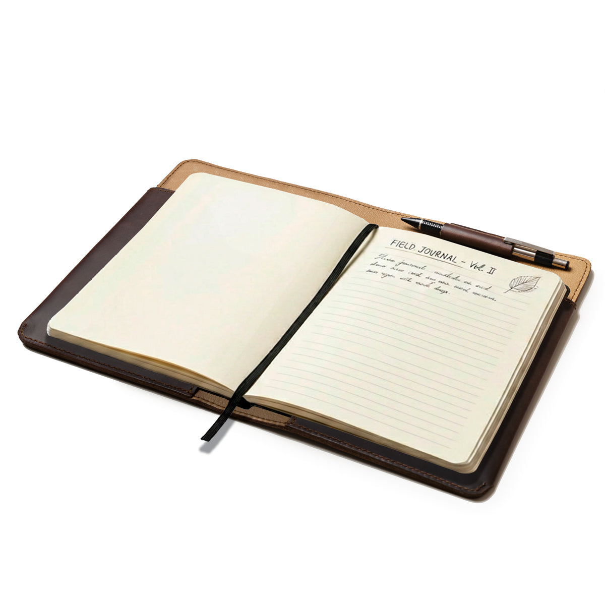 Medium Moleskin Cover in Dark Coffee Brown, open at an angle with a handwritten notebook and pen in the pen loop