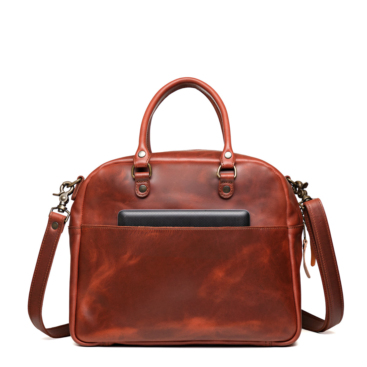 Professional Leather Satchel in Chestnut, back view with a tablet tucked in the rear slip pocket