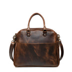 Professional Leather Satchel in Dark Coffee Brown, back view with full-width rear slip pocket and shoulder strap