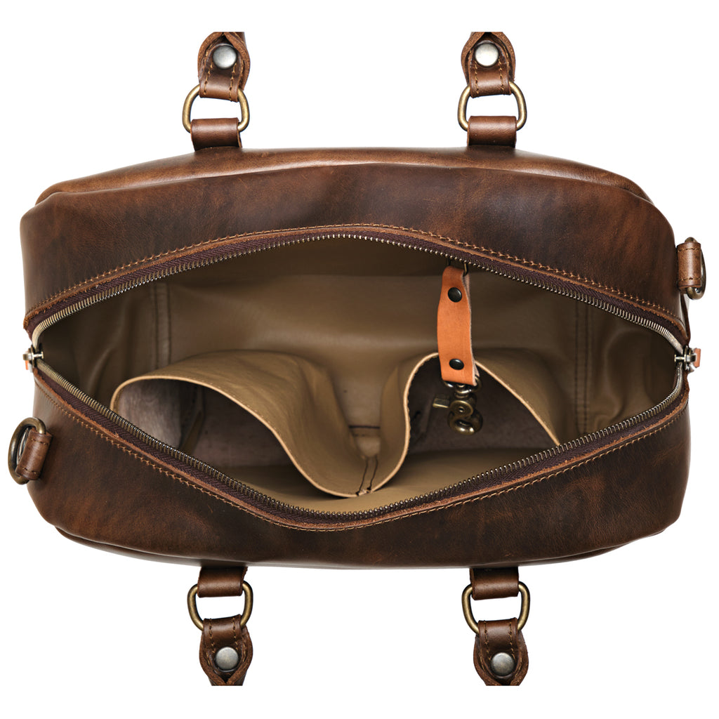 Professional Leather Satchel in Dark Coffee Brown, top view unzipped showing the empty interior pockets and key clip