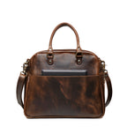 Professional Leather Satchel in Dark Coffee Brown, back view with a tablet tucked in the rear slip pocket