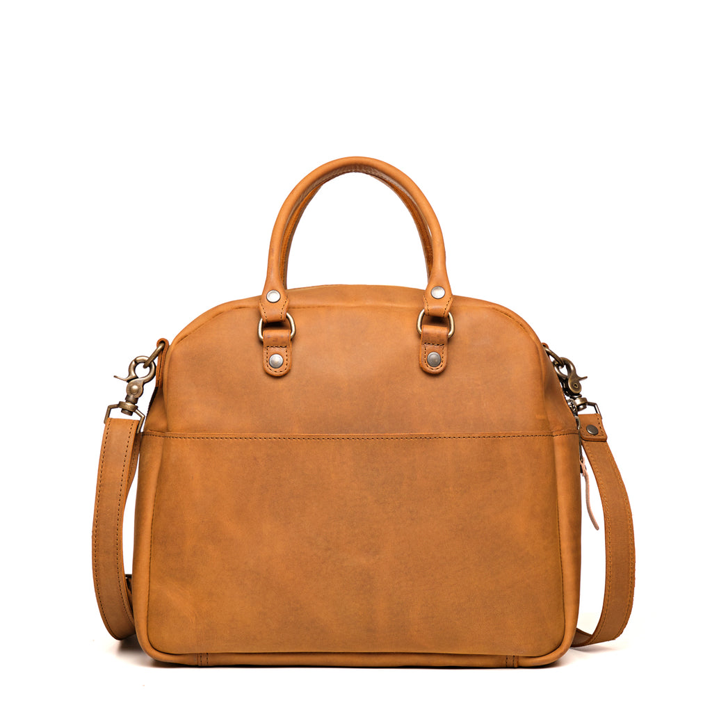 Professional Leather Satchel in Tobacco, back view with full-width rear slip pocket and shoulder strap