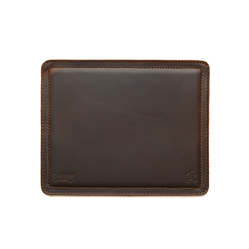 Mouse Pad in Dark Coffee Brown leather, empty top-down view with stitched border and embossed logo