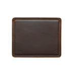 Mouse Pad in Dark Coffee Brown leather, empty top-down view with stitched border and embossed logo