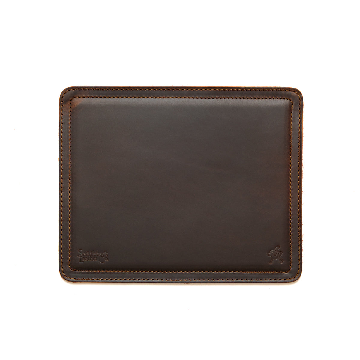 Mouse Pad in Dark Coffee Brown leather, empty top-down view with stitched border and embossed logo