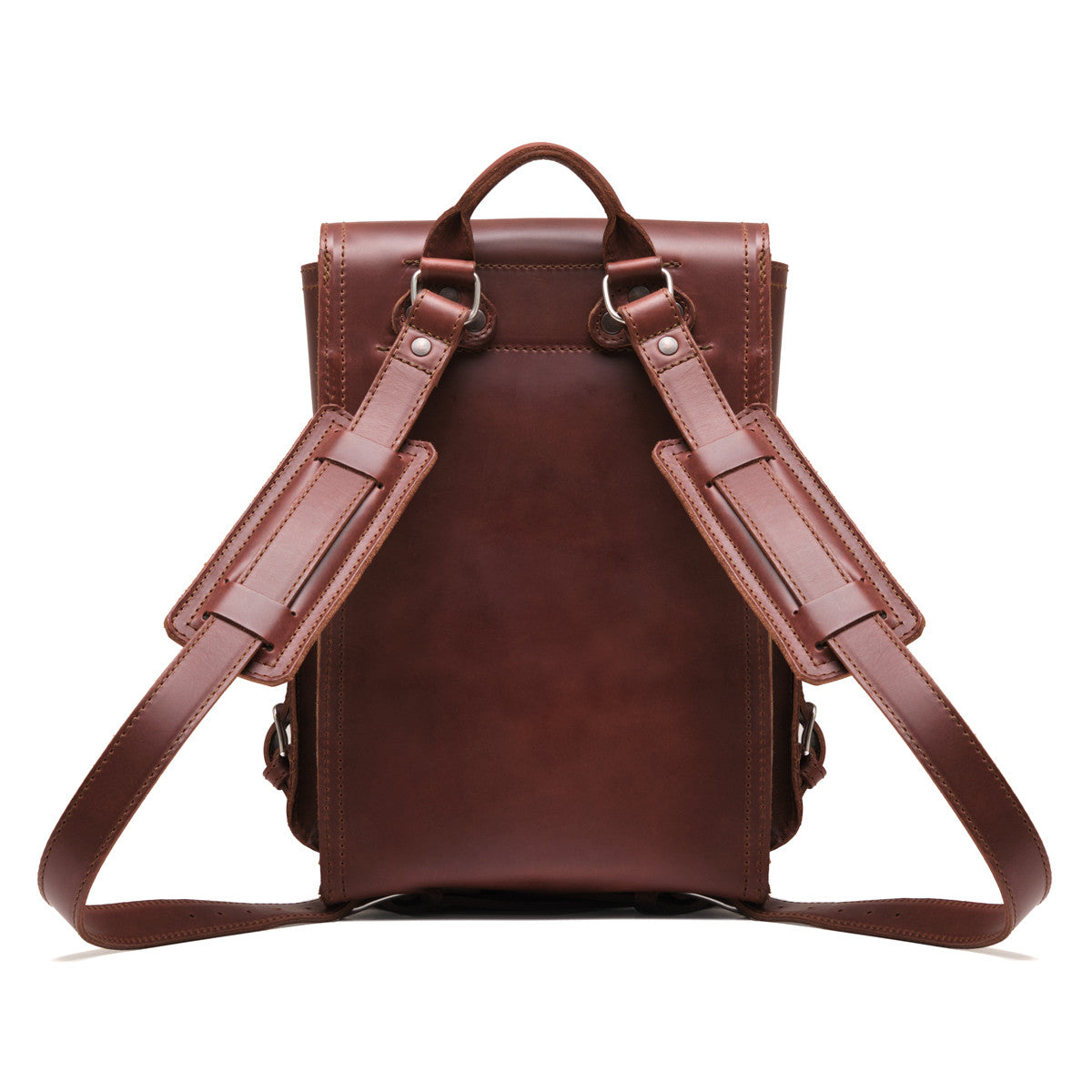 Small Front Pocket Backpack in Chestnut, back view showing the padded shoulder straps and top handle