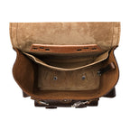 Small Front Pocket Backpack in Dark Coffee Brown, top-down view into the open main compartment with an inside pocket