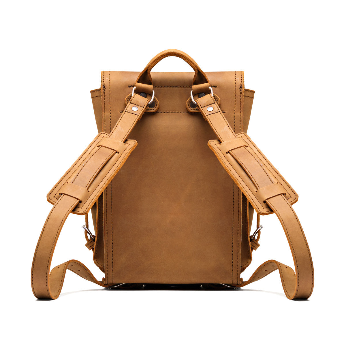 Small Front Pocket Backpack in Tobacco, back view showing the padded shoulder straps and top handle