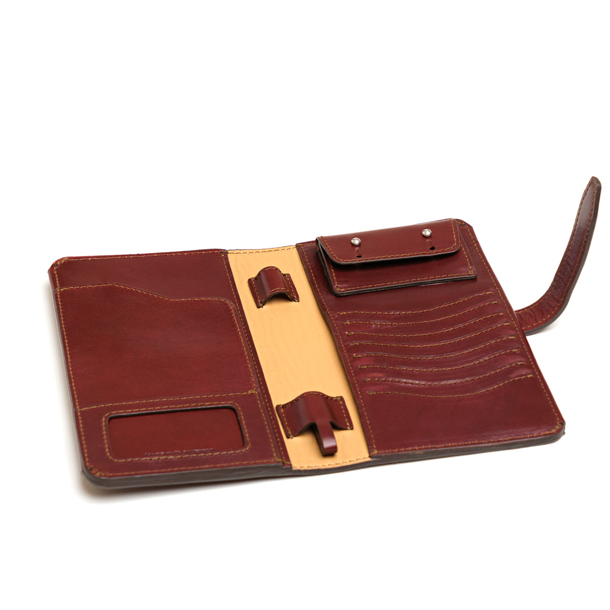 Big Wallet in Oxblood, fully open showing card slots, ID window, snap pocket and pen loops