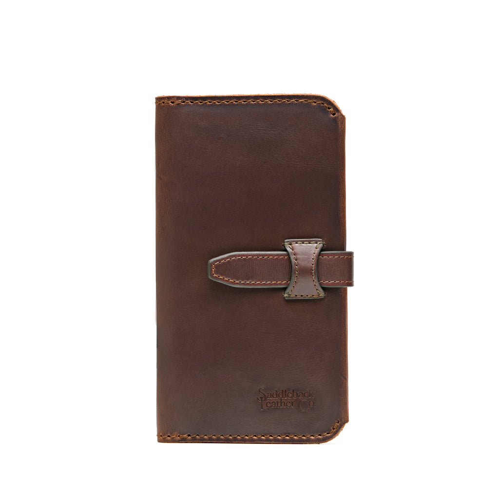 New Big Wallet in Dark Coffee Brown, front view showing strap closure and embossed logo