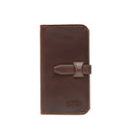 New Big Wallet in Dark Coffee Brown, front view showing strap closure and embossed logo