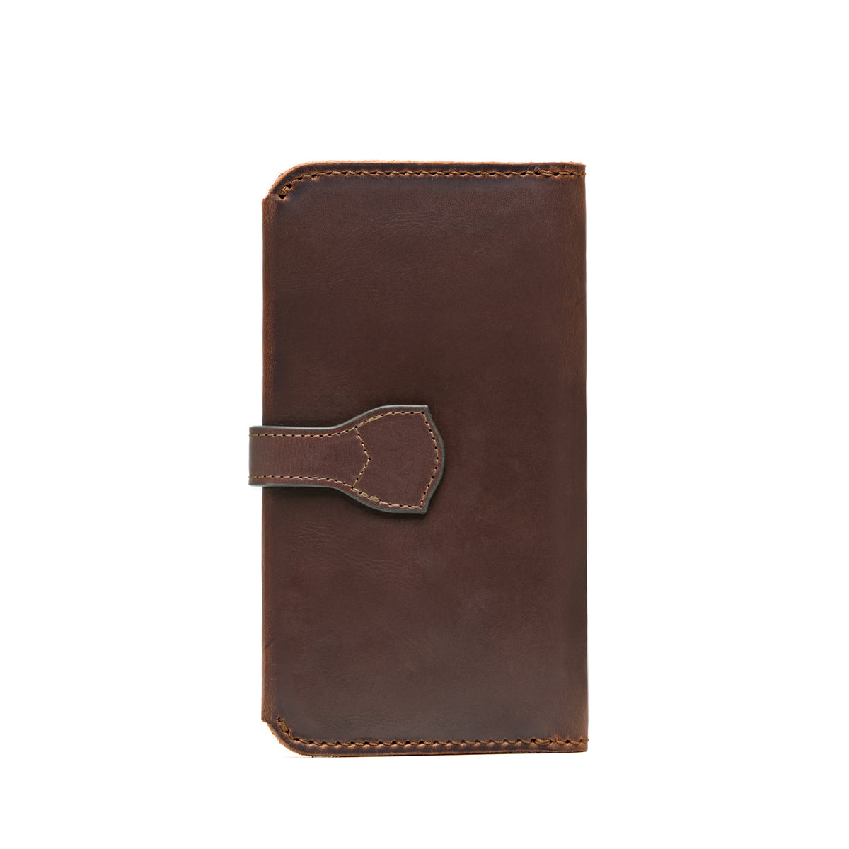 New Big Wallet in Dark Coffee Brown, back view showing strap end