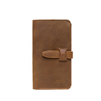 New Big Wallet in Tobacco, front view showing strap closure and embossed logo