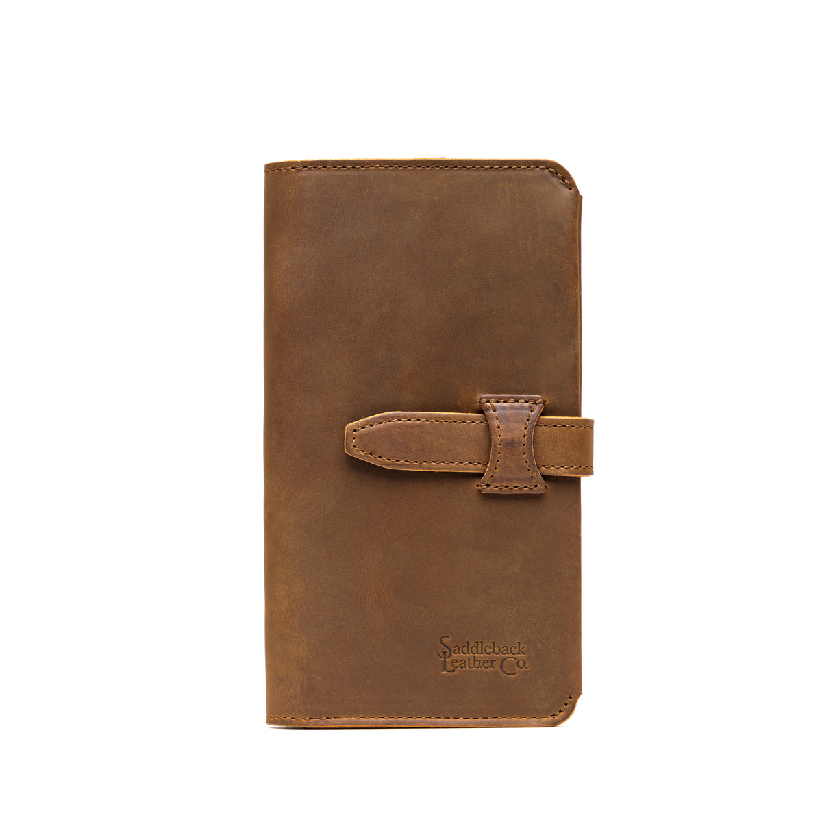 New Big Wallet in Tobacco, front view showing strap closure and embossed logo