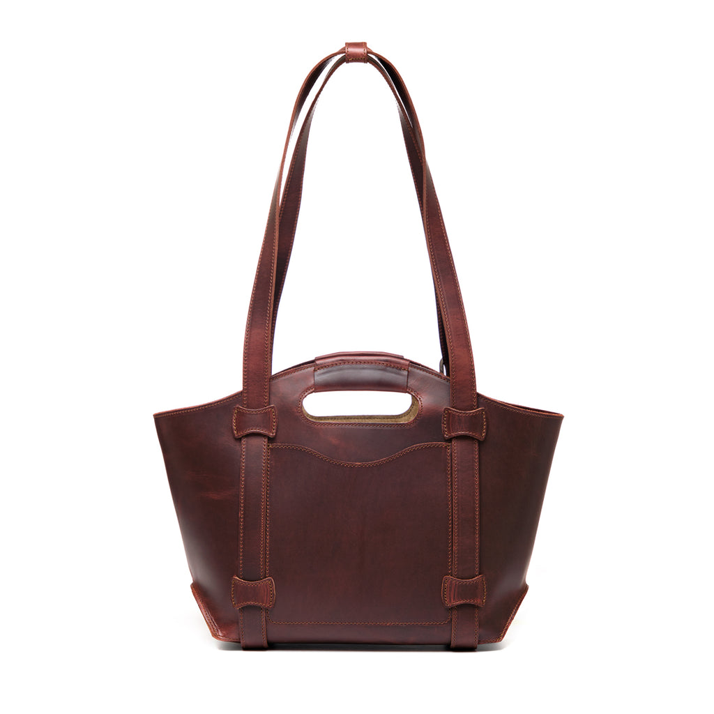 Original Tote in Chestnut, back view with cutout handle, shoulder straps and back slip pocket