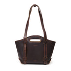 Original Tote in Dark Coffee Brown, front view showing cutout handle and buckled shoulder straps