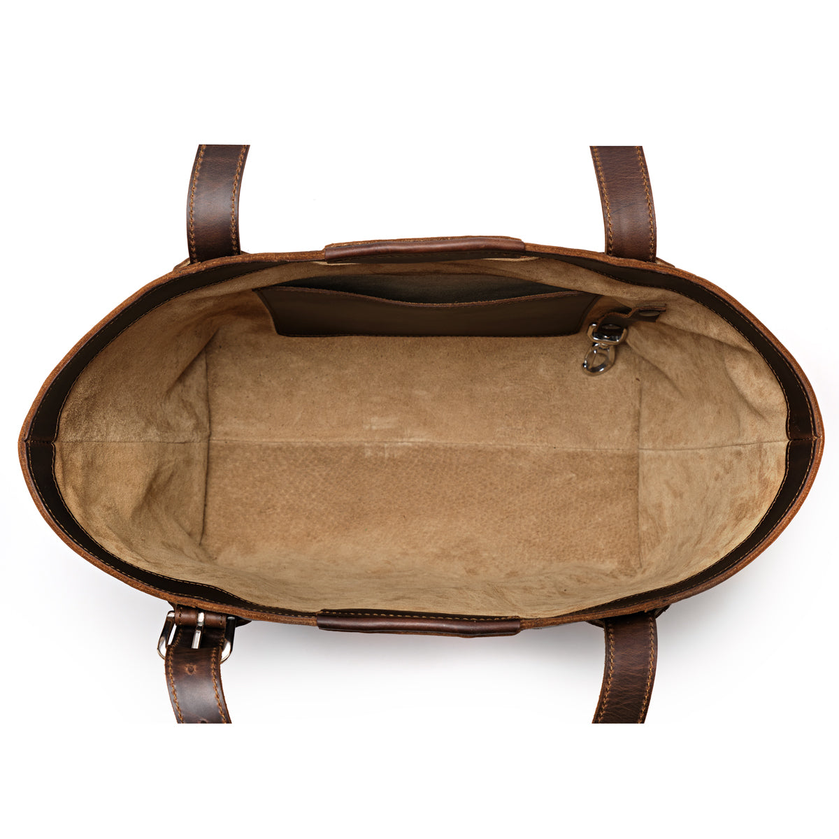 Original Tote in Dark Coffee Brown, top-down view of empty canvas-lined interior with slip pocket and key clip