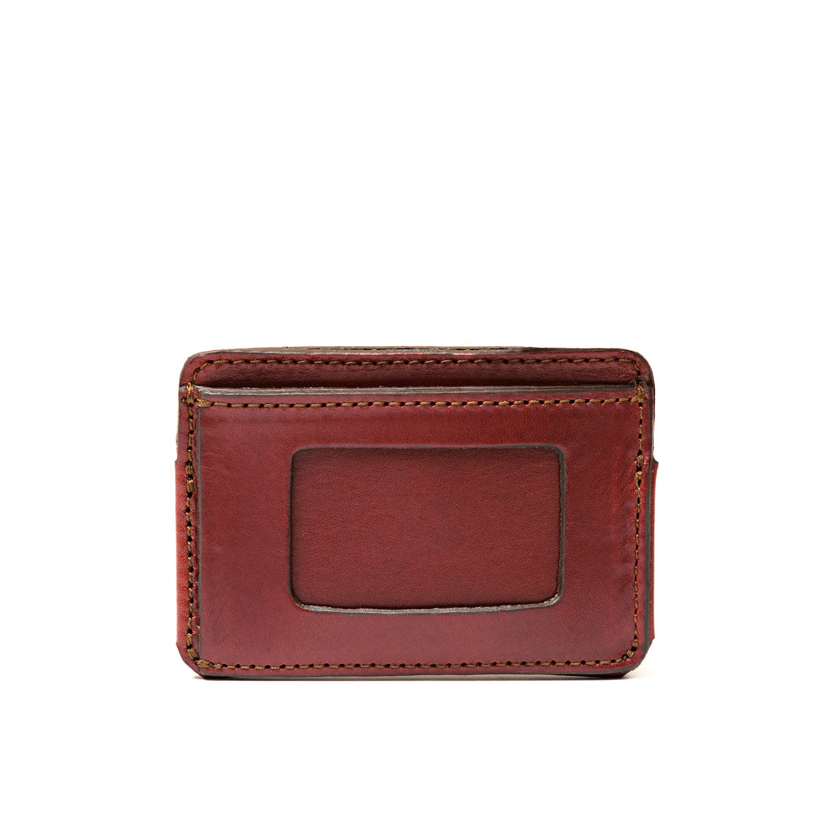 Silverback Front Pocket Leather ID Wallet in Oxblood, back view with empty ID window