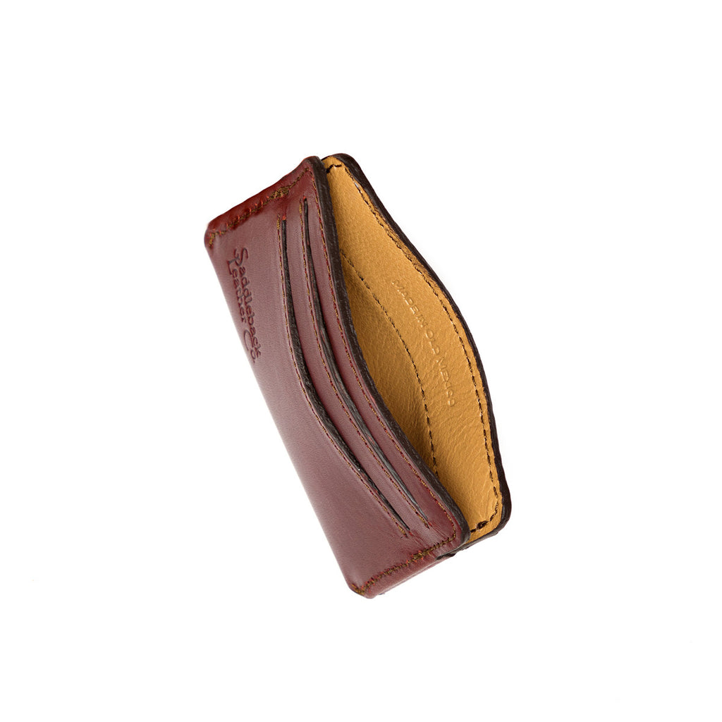 Silverback Front Pocket Leather ID Wallet in Oxblood, fanned open to show card slots and tan interior