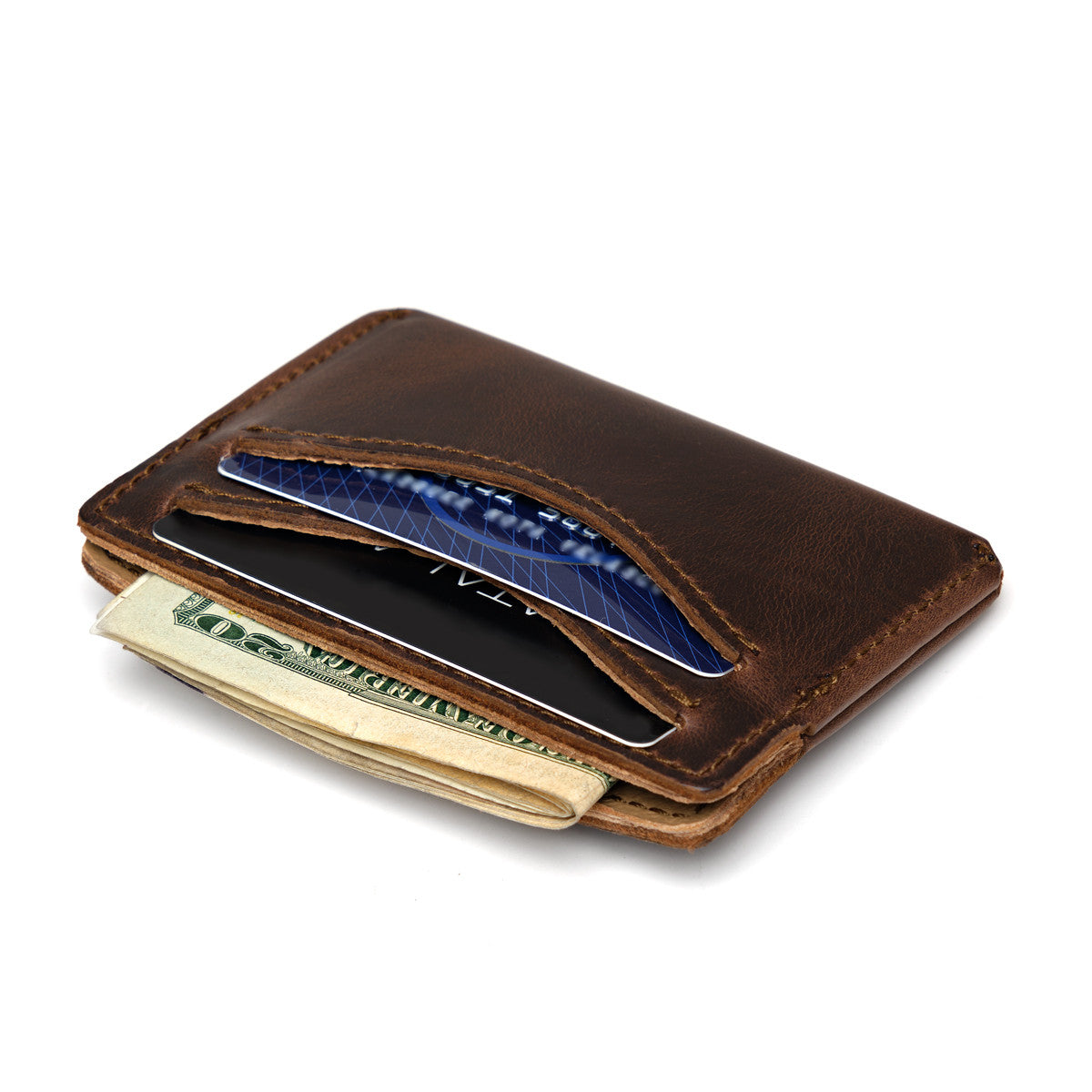 Newton Wallet in Dark Coffee Brown, angled view holding cards and folded cash