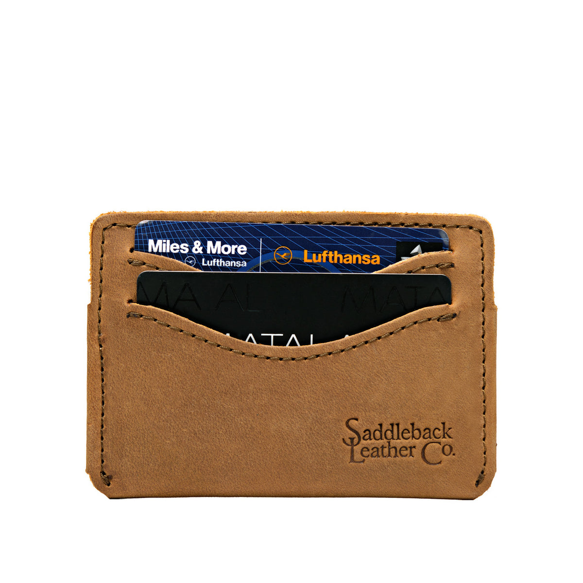 Newton Wallet in Tobacco, front view holding cards with embossed logo