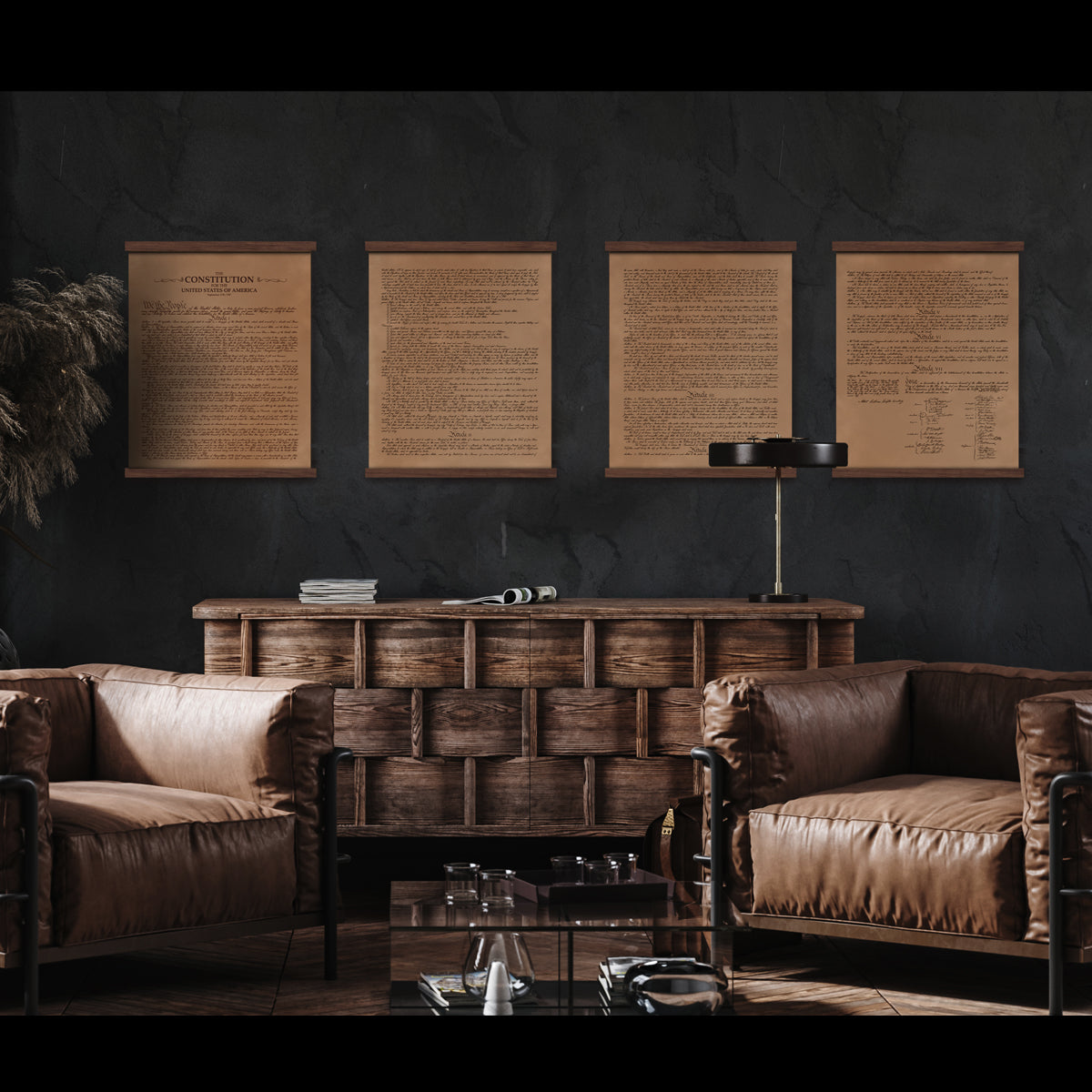 Leather Constitution of the United States - Natural, four pages on wood rails above a cabinet and leather armchairs