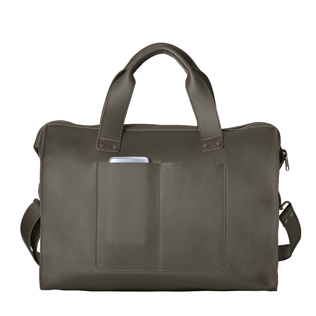 Simple Overnight Leather Duffle Bag in Black, back view with exterior slip pockets holding a phone