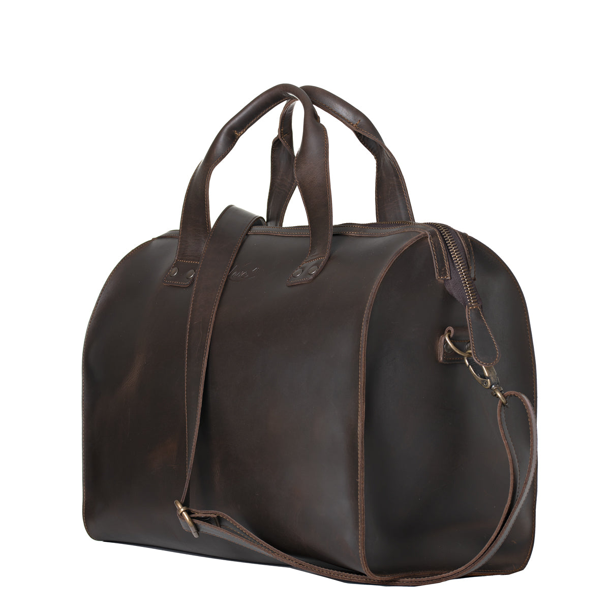 Simple Overnight Leather Duffle Bag in Dark Coffee Brown, angled side view with shoulder strap clipped on