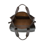 Simple Overnight Leather Duffle Bag in Dark Coffee Brown, unzipped top showing the empty leather interior and slip pocket