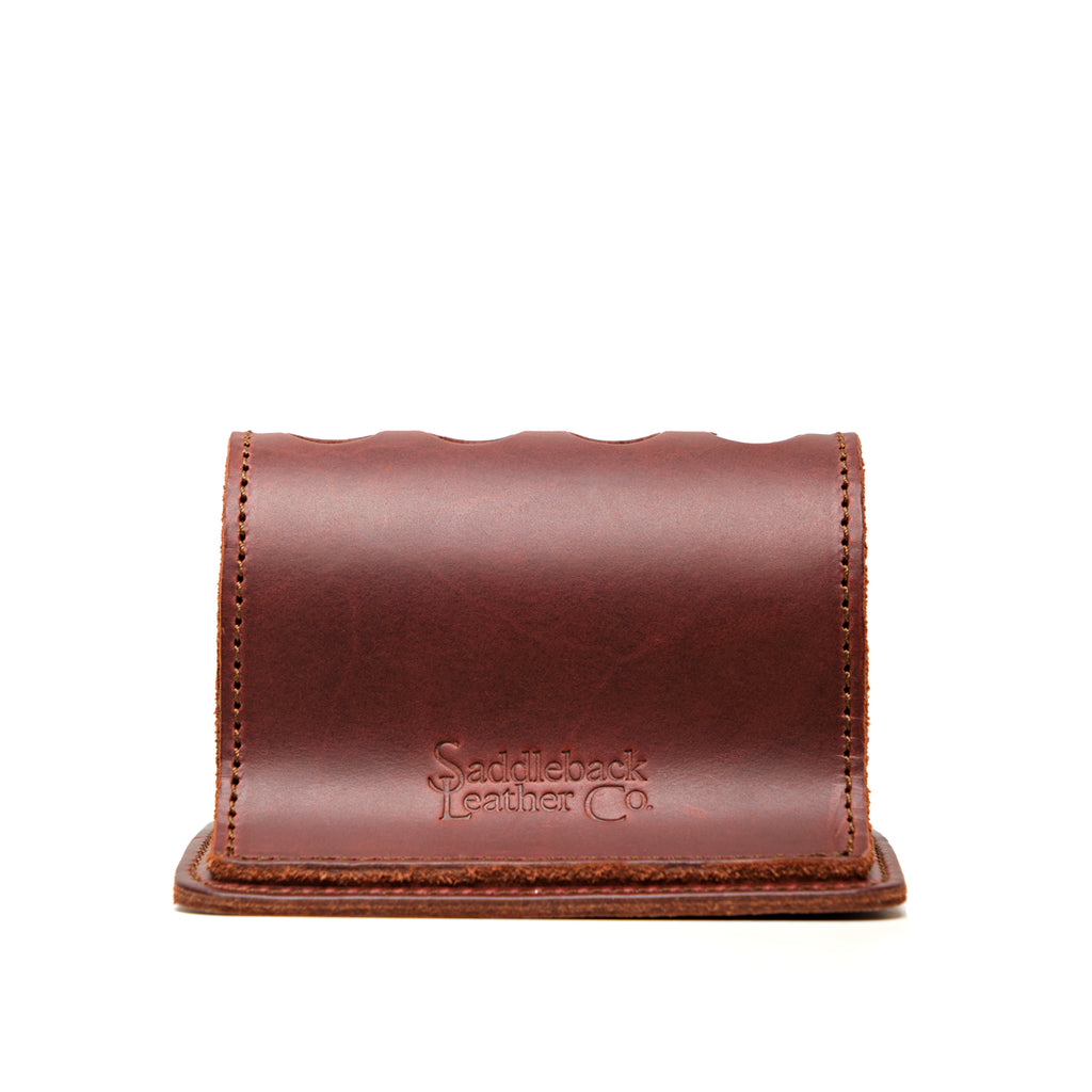 Pen Holder Bell Curve in Chestnut leather, empty front view showing the scalloped top and embossed Saddleback Leather Co. logo